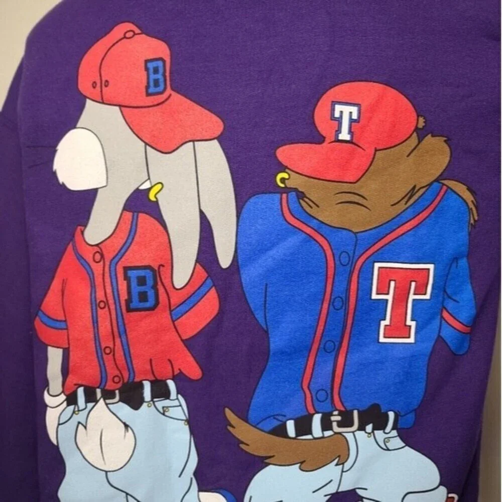 Looney Tunes Bugs Bunny Tasmanian Devil Baseball Purple Crewneck Vintage Sweater - Picture 6 of 8